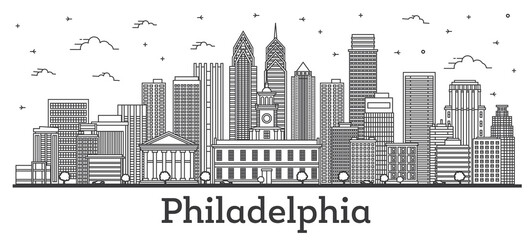 Outline Philadelphia Pennsylvania City Skyline with Modern and Historic Buildings Isolated on White.