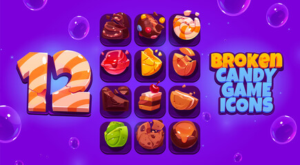 Broken candy game icons, cartoon crushed sweets with bites and crumbles. Chocolate truffle, dragee, praline, caramel, lollipop, toffee, cake, sandwich cookie and lemon slice, ui vector elements set