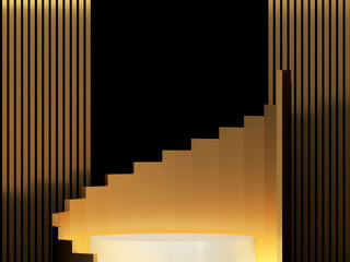 Obraz premium Abstract golden circle podium with glowing stair and black wall and golden curtains background 3D Render