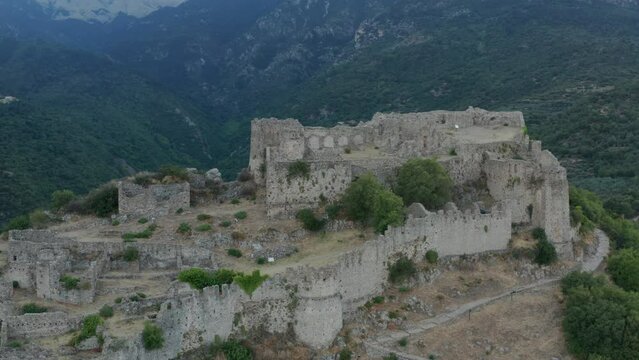 Medieval Ruins At The Ancient Site Of Mystras In Greece - aerial drone shot