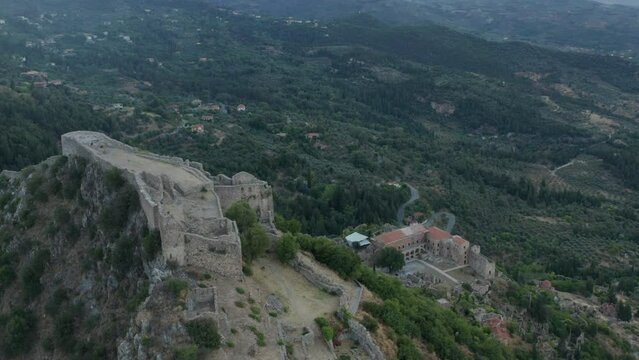 Aerial View Of The Mystras Archaeological Site In Peloponnese, Greece - drone shot