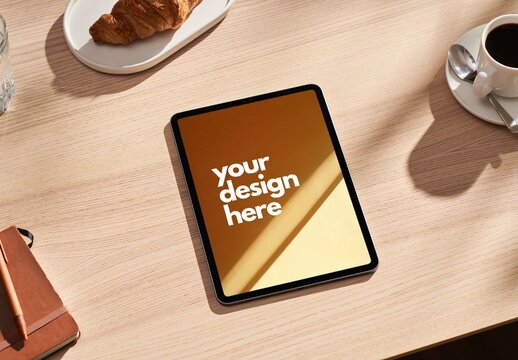 Smart Tablet on a Wooden Table Mockup