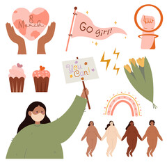 Women s day, place, gender symbol. Simple vector elements of Women s Day, March 8 signs. Feminism. Protest.