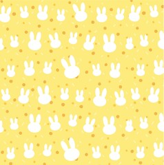 seamless pattern with white rabbits/bunny, yellow dots, and light yellow shot line on bright  yellow background 