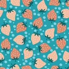 Deurstickers Seamless pattern with cute strawberries. Cheerful design for textiles, wallpaper and packaging. © VaulinaArtDesigns