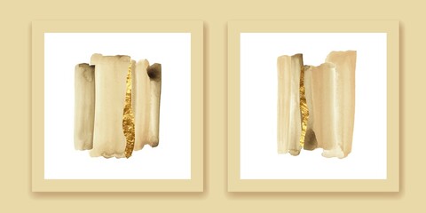 Beige, ivory, brown watercolor wall art. Elegant, chic diptych with golden strokes. Abstract forms composition.