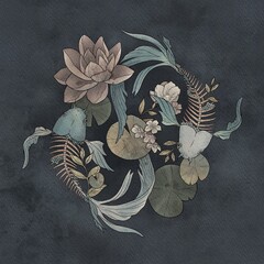 Japanese carp fish are half skeletons floating in the water, around them are lotuses, flower buds, leaves and water lilies, colour tattoo sketch 2d illustration