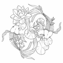 Japanese carp fish are half skeletons floating in the water, around them are lotuses, flower buds, leaves and water lilies, black and white sketch 2d illustration