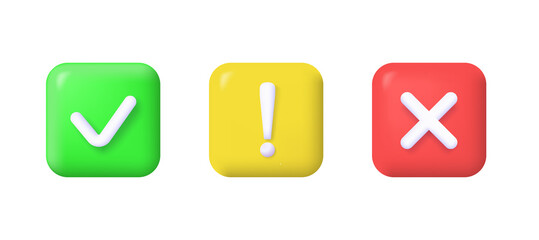 Yes, no and attention icon. 3d vector illustration isolated on white background.