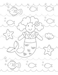 coloring page for kids of cute mermaid underwater with starfish, fish, black and white easy design. you can print it on standard 8.5x11 inch paper