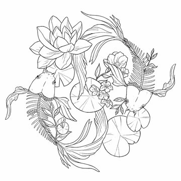 Japanese carp fish are half skeletons floating in the water, around them are lotuses, flower buds, leaves and water lilies, black and white sketch 2d illustration