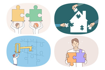 Fototapeta na wymiar Set of smiling businesspeople connect jigsaw puzzles find solution to business problem or dilemma. Collection of happy people find answer or key to trouble or issue. Flat vector illustration. 