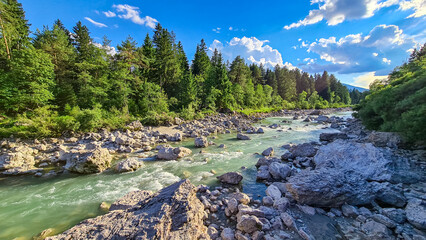 River Gail flowing through the Schuett in the natural park Dobratsch in Villach, Carinthia,...