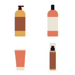 Sunscreen products in different bottles. Sunblock lotion, oil, gel, moisturizer, spray. UV protection, skin care with SPF. Vector seamless pattern, flat cartoon illustration