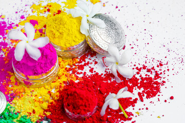 Organic Gulal colors in silver bowl for Holi festival