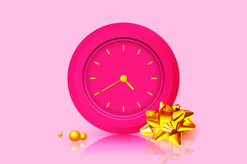 Festive design. Pink wall clock, golden bow and golden pearls. Festive background with 3d decor