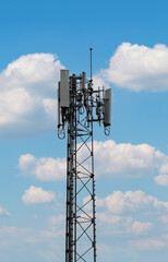 Telecommunication tower on blue sky background
