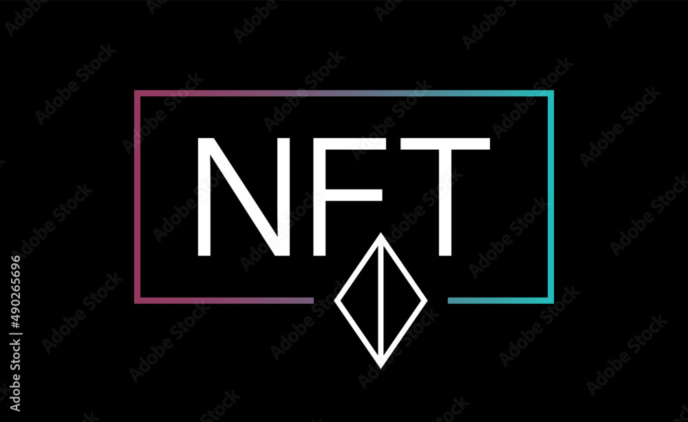 Poster NFT Blockchain type crypto banner vector design with dark cyber neon theme. Non Fungible Token background template.