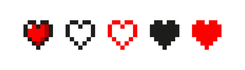 Pixel red love heart icon design template. Arcade game energy health low to full life symbol. Romance valentine art.