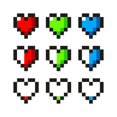 Pixel love heart icon design template. Arcade game energy health low to full life symbol. Romance valentine art.