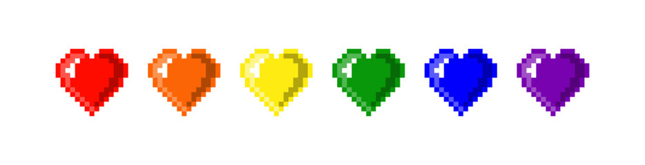 Fototapeta premium Pixel colorful love icon design template. Arcade game symbol. Red, orange, yellow, green, blue, and purple colors. Lgbt pride hearth illustration.