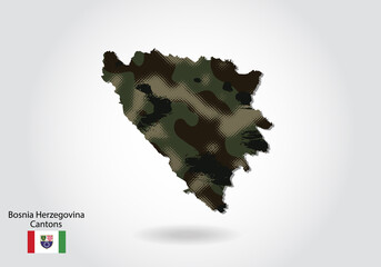 bosnia Herzegovina Cantons map with camouflage pattern, Forest / green texture in map. Military concept for army, soldier and war. coat of arms, flag.