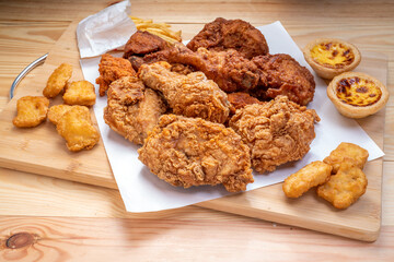 Fried chicken Crispy Chicken, Soft Chicken on wooden background, Fried chicken set with nuggets,...