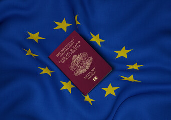 Bulgaria passport with European Union flag in background
