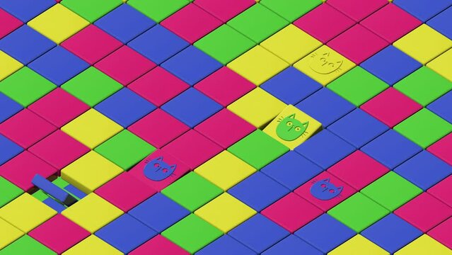 Abstract background of colored randomly arranged cubes, some of which turn and show one of several painted colored faces of cats with different eyes. Cyclic animation in 4K format.