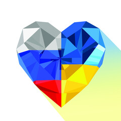 Peace and love for Ukraine and Russia. Crystal Ukrainian and Russian heart with the flag of the Ukraine and Russia. 