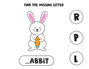 Find missing letter with cute Easter rabbit. Spelling worksheet.