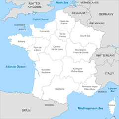 Political map of France with borders with borders of regions