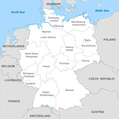Political map of Germany with borders with borders of regions