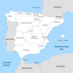 Political map of Spain with borders with borders of regions - obrazy, fototapety, plakaty