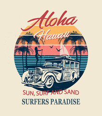 Honolulu typography for t-shirt print with sun,beach and retro Woody Car.Vintage poster.
