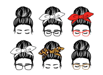 Mom with a Messy Bun, Mom lifestyle, Women face silhouette with hair bun and bandana bow bundle