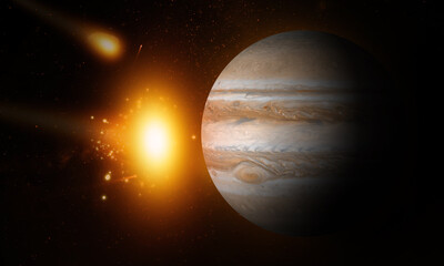 Planet Jupiter In danger From a large Asteroid in Outer Space. Cosmos Spectacular event 