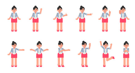 Set of woman characters showing various hand gestures. Cheerful businesswoman showing thumb up, greeting, victory sign and other gestures. Modern vector illustration