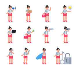 Fototapeta premium Set of businesswoman characters in various situations. Woman holding loudspeaker, package box, spyglass, magnifier, money and other actions. Modern vector illustration
