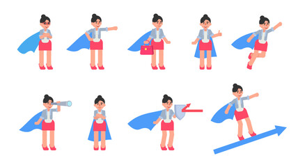 Fototapeta na wymiar Set of businesswoman characters with super hero cloak in various situations. Modern vector illustration