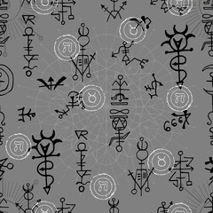 Celestial seamless pattern with fantasy mystic symbols and signs of sun and moon. Hand drawn vector illustrations with esoteric, occult and gothic concept