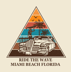 Florida typography for t-shirt print with surf,beach,girl carrying  surfboard and retro car.Vintage poster.