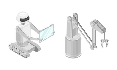 Artificial Intelligence objects set. Android robots and robotic arm. Hi-tech technology isometric vector illustration