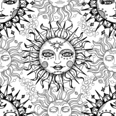 Celestial seamless pattern with fantasy mystic symbols and signs of sun and moon. Hand drawn vector illustrations with esoteric, occult and gothic concept