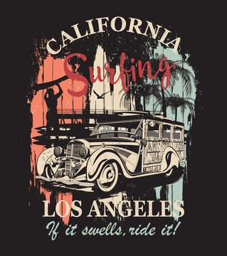 California typography for t-shirt print with surf,beach and retro Woody Car.Vintage poster.