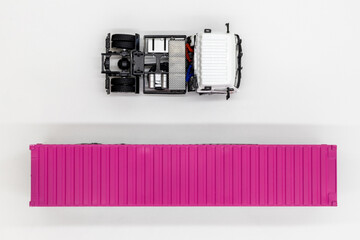 Semi trailer truck lorry container cargo vehicle on white background, View from above, Aerial top...