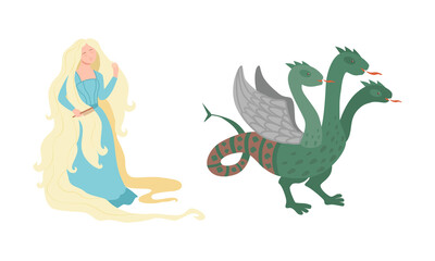 Heroes of fairy tales set. Beautiful princess and dragon cartoon vector illustration