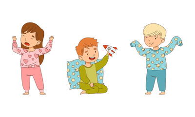 Kids in pajamas preparing for sleep cartoon vector illustration