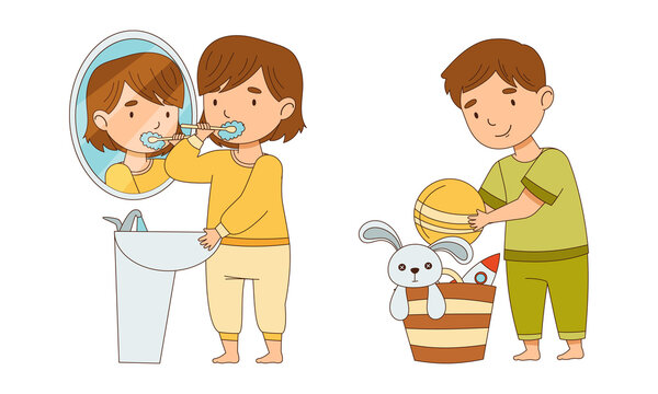 Children In Pajamas Brushing Their Teeth And Storing Toys Preparing For Sleep Cartoon Vector Illustration