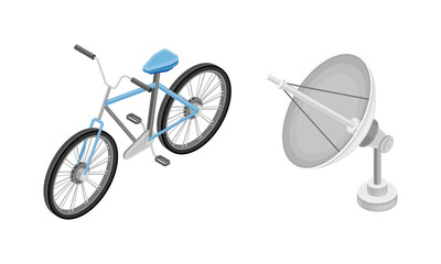 Satellite dish antenna and bicycle isometric vector illustration